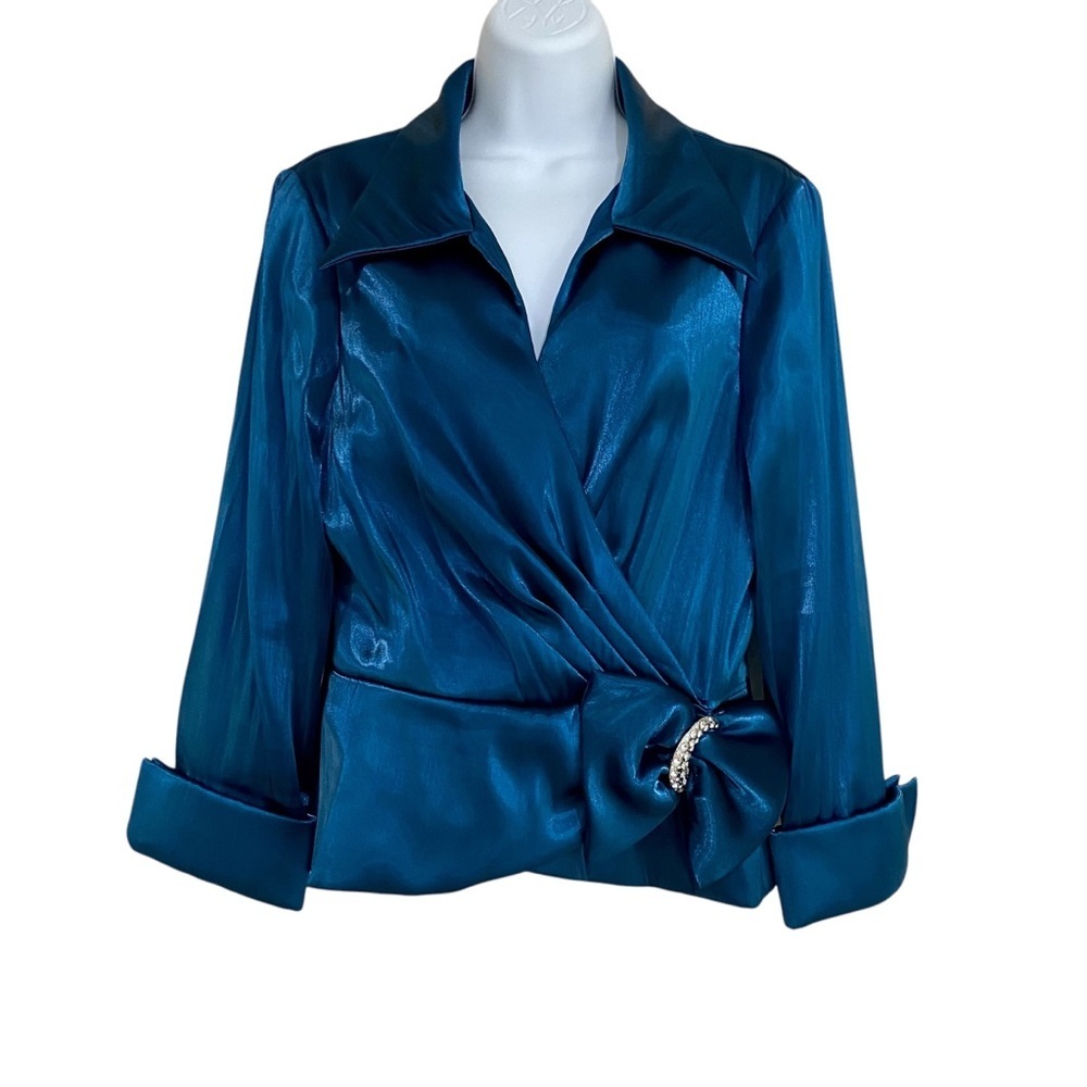 Teal Satin Blouse Sz 8 Formal Shimmery Gala Fairy Feminine Flirty Rhinestones